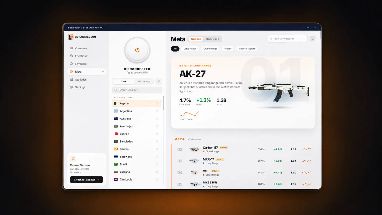 The BotLobbies app's Meta tab showing the live Warzone weapon tier list: the AK-27 ranked number one for long range with a weapon render, per-weapon stats and a 7-day trend graph, and the ranked list of meta weapons below.