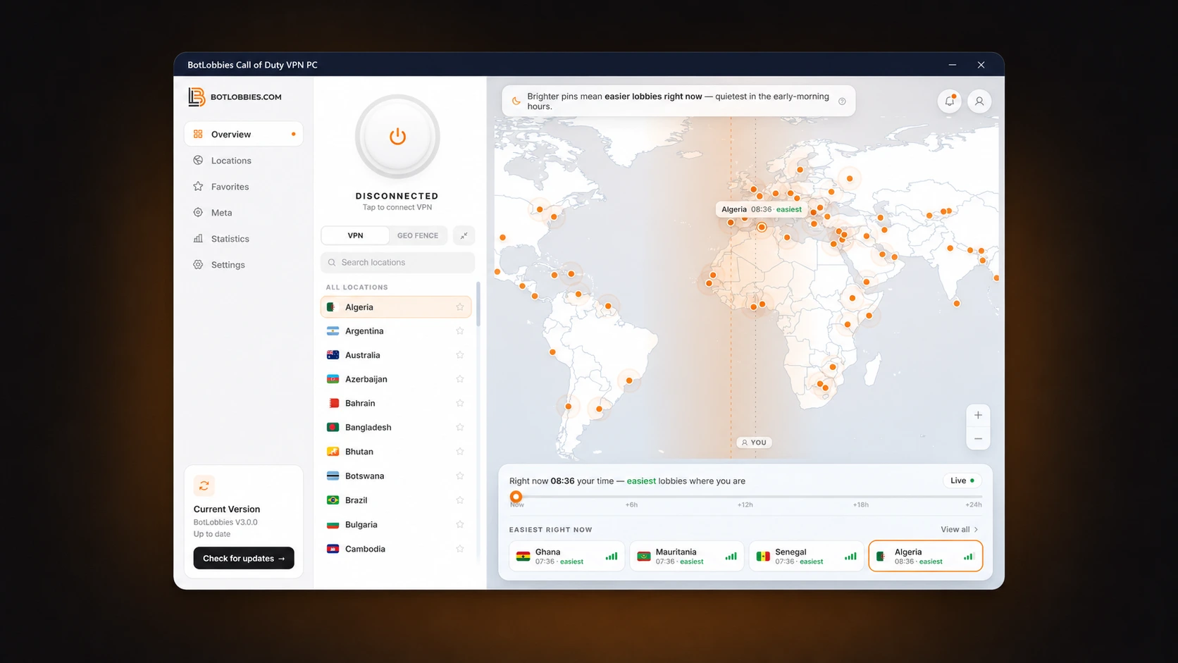 The BotLobbies Call of Duty VPN app on Windows: a connect button and list of locations beside a world map of lobby regions.