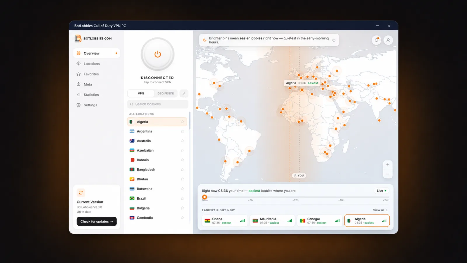 The BotLobbies Call of Duty VPN desktop app on the Overview tab: a large connect button beside a live world map with location pins, an 'easiest lobbies right now' highlight on Algeria, and a 24-hour forecast strip of the quietest regions.
