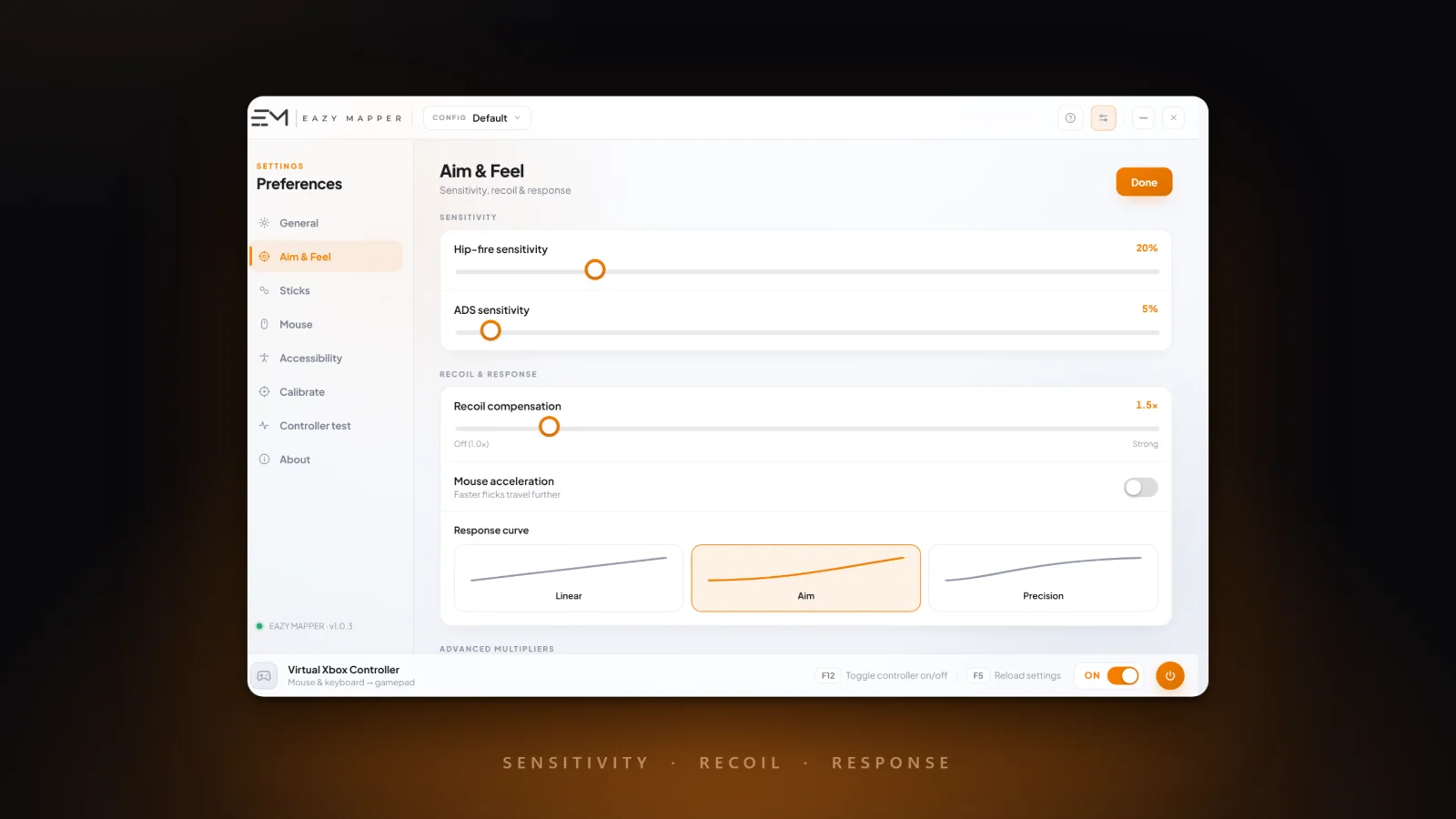 The Aim & Feel panel with hip-fire and ADS sensitivity sliders, a recoil-compensation slider, and Linear / Aim / Precision response-curve options.