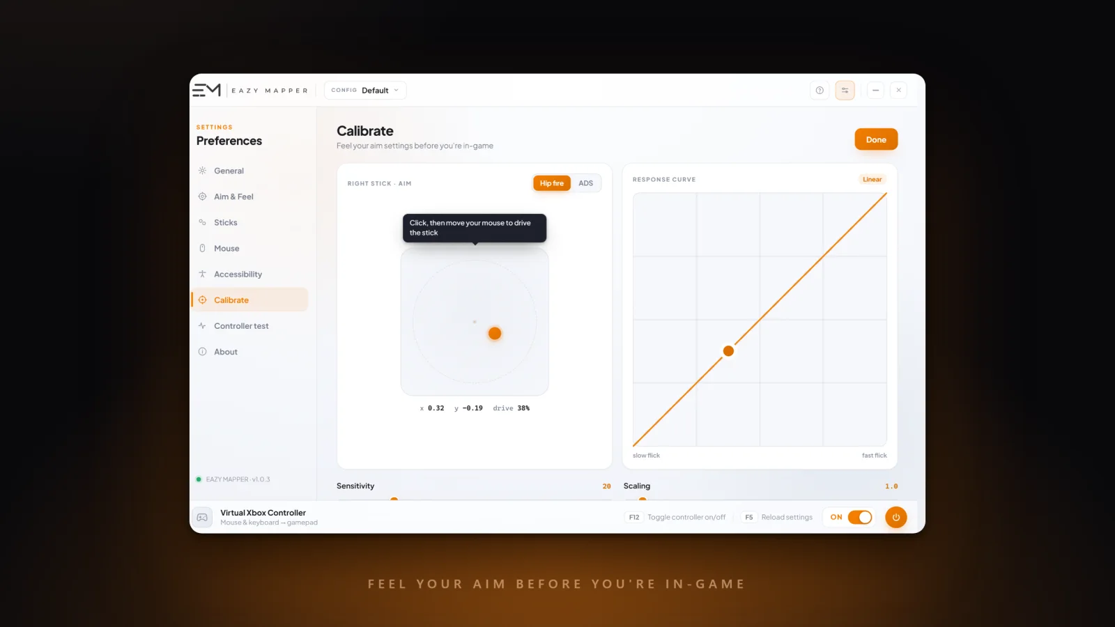 The Calibrate screen: a right-stick aim pad you drive with the mouse next to a live response-curve graph, so you can feel your aim before you're in-game.