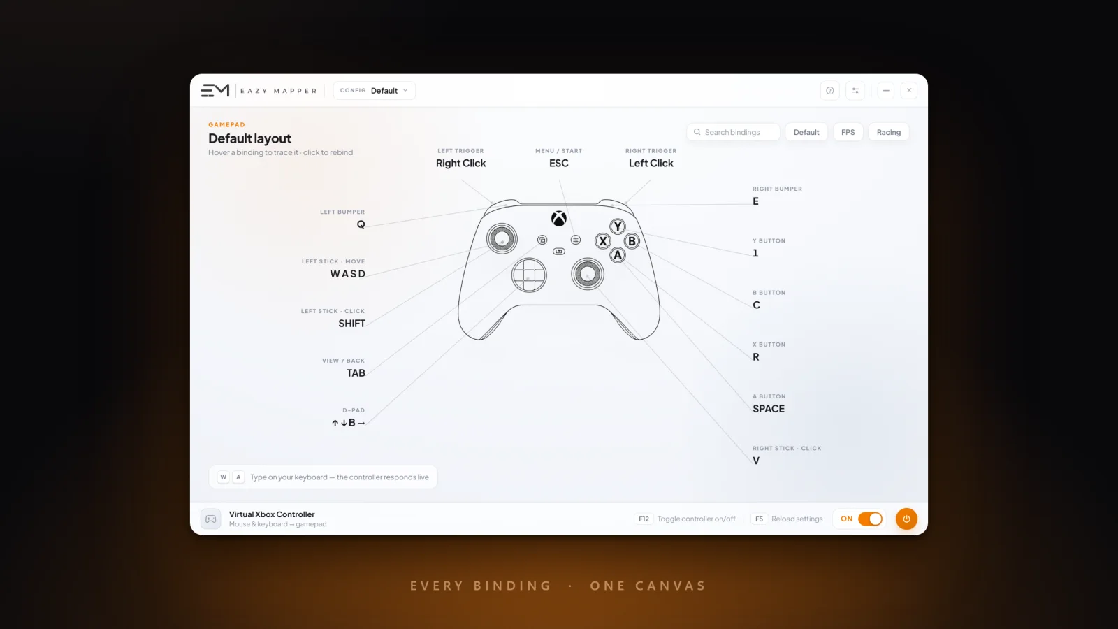Eazy Mapper's mapping canvas: a virtual Xbox controller with every button labelled by its keyboard binding — WASD on the left stick, Right Click on the left trigger, Space on A, and more.
