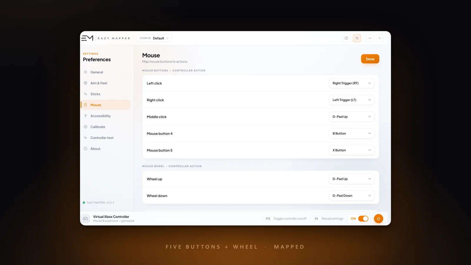 The Mouse settings screen mapping left, right and middle click plus mouse buttons 4 and 5 and the scroll wheel to controller actions like the triggers and D-pad.