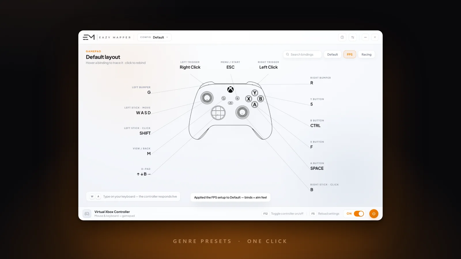 The mapping canvas with the FPS genre preset applied — the FPS tab is active and a toast reads 'Applied the FPS setup to Default', with bindings such as G on the left bumper and CTRL on B.