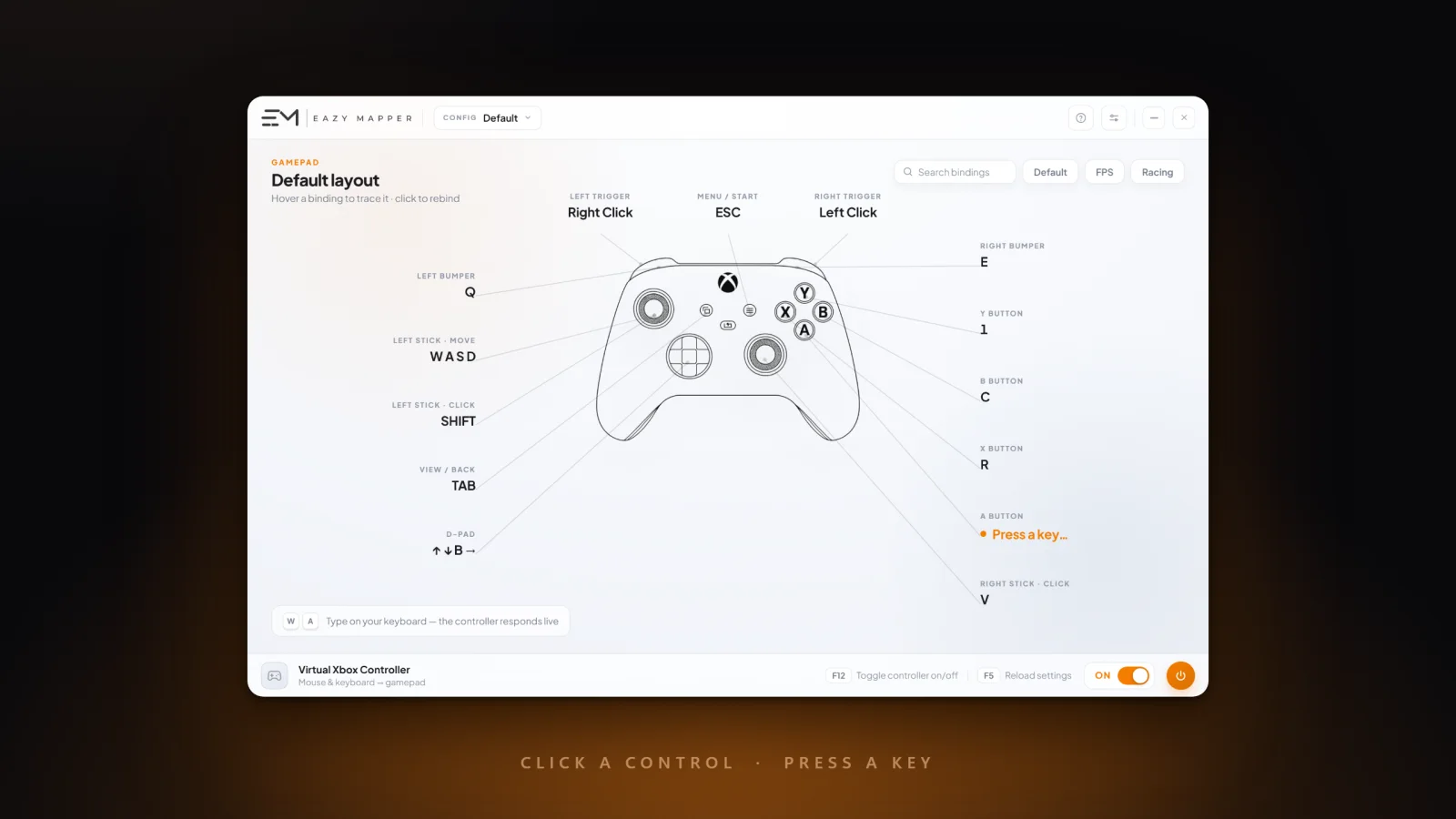 The rebind flow: the A-button binding is highlighted and prompts 'Press a key…' in orange, ready to capture a new key.