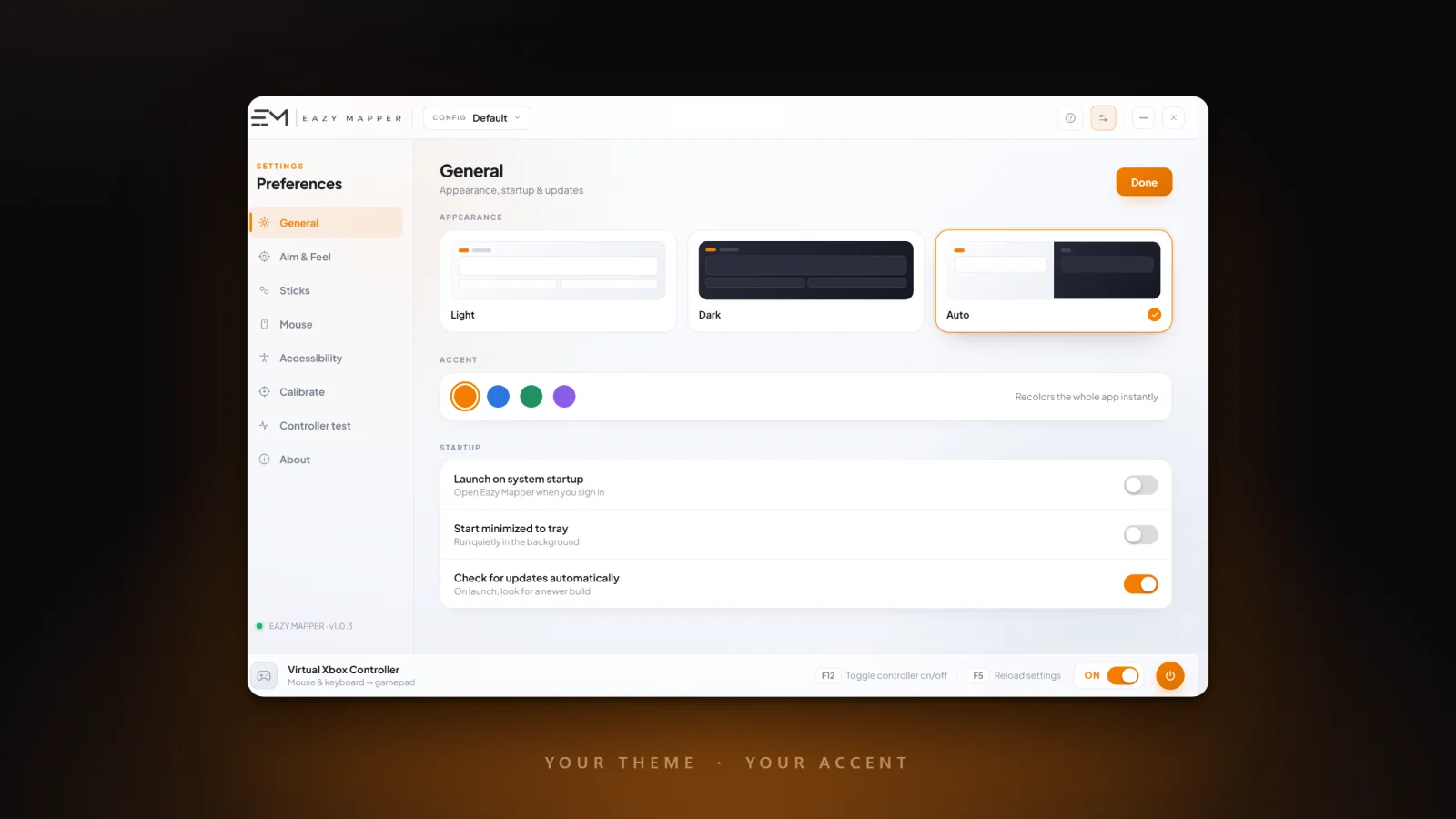 The General preferences screen with Light, Dark and Auto theme cards and a row of accent-colour swatches.