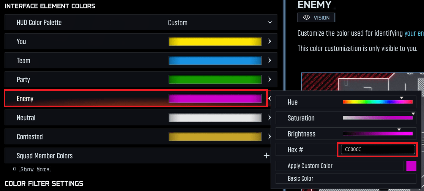 Setting the enemy HEX colour code in the Black Ops 7 colour customization menu