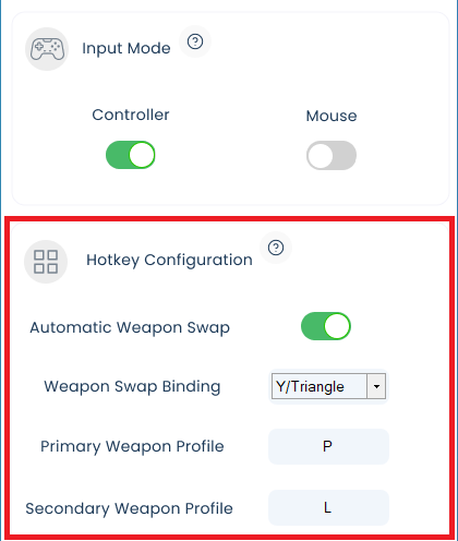 The weapon swap binding settings for controller