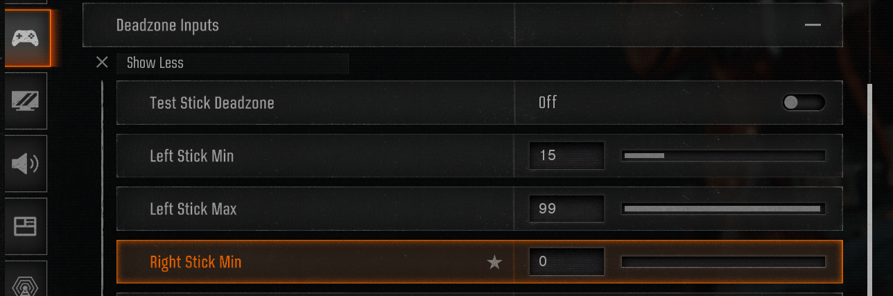 Controller dead zone inputs with Right Stick Min set to 0