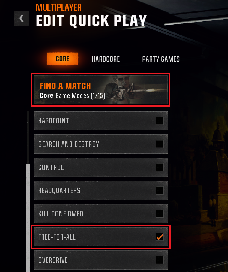 Free-for-All selected as the only game type