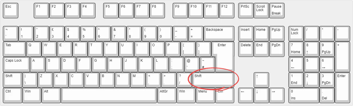 The Right Shift key on a keyboard