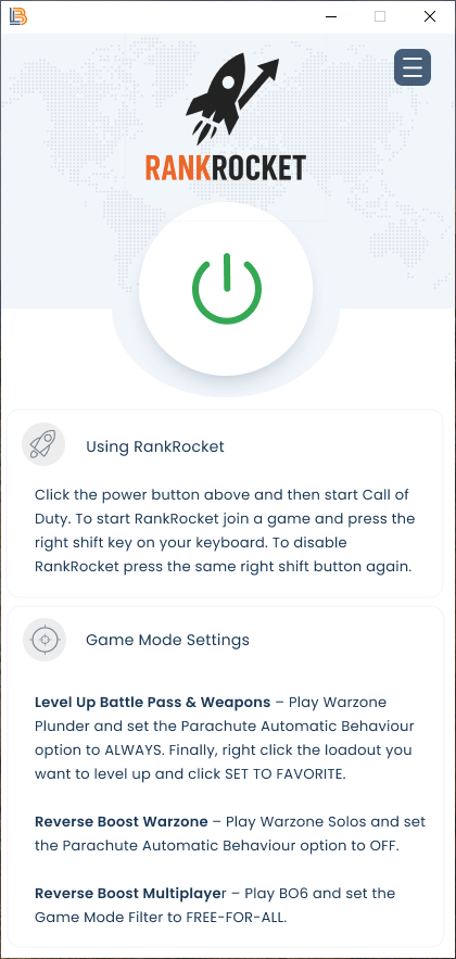The RankRocket app with the power button highlighted