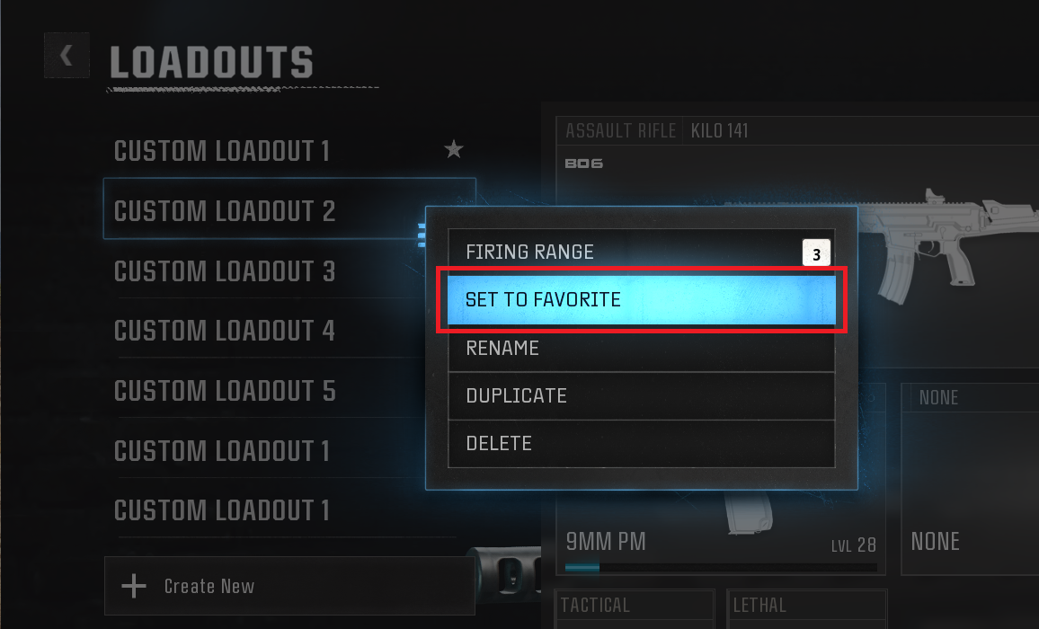 Right-click menu showing Set to Favourite on a Warzone loadout